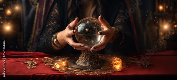 Fototapeta Fortune teller hands on crystal ball with elaborate fabrics and cinematic lights 