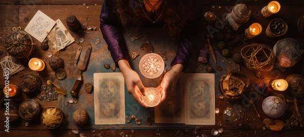 Fototapeta Fortune teller hands on crystal ball with elaborate fabrics and cinematic lights 