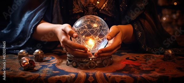 Fototapeta Fortune teller hands on crystal ball with elaborate fabrics and cinematic lights 