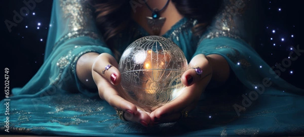 Fototapeta Fortune teller hands on crystal ball with elaborate fabrics and cinematic lights 