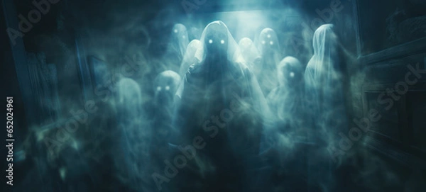 Fototapeta Floating glowing ghost in a dark spooky interior 