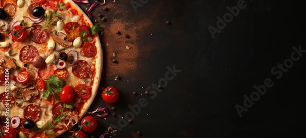 Fototapeta Flat lay of wood fired pizza with fresh ingredients to one side of banner with copy space