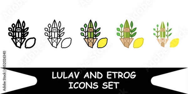 Obraz Jewish holiday Sukkot. Set of lulav icons in black outline and flat style