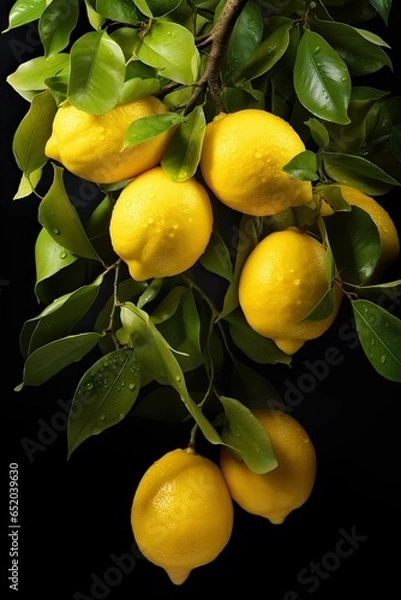 Obraz  Lemons Hanging from a Tree on a Black Background