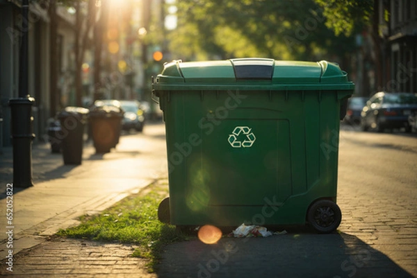Fototapeta Green recycling bin on the street. ai generative