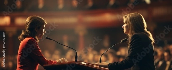 Obraz Debates among politicians and opponents of different views. Negotiations and discussion of peace problems. public exchange of thoughts, debate between two parties on current topics