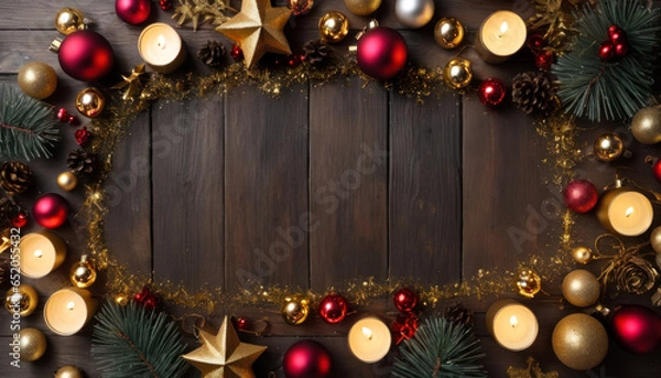 Fototapeta Décoration de Noël colorées encadrant un fond de bois