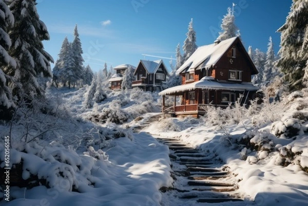 Fototapeta Snowy Weather Winter Wonderland: Explore the Frosty Landscape with Snowy Trees, Snow-Capped Mountains, and Snowy Covered Roads, Perfect for Winter Sports and Chilly Weather Snowy Landscapes Adventures