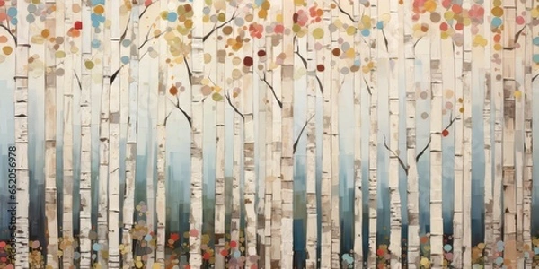 Fototapeta Abstract colorful geometric illustration of birch trees, birch tree forest, horizontal or landscape aspect ratio. Generative AI.
