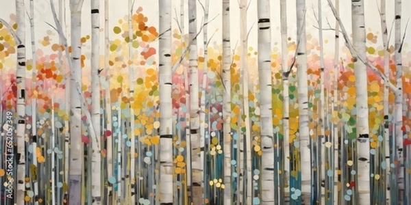 Fototapeta Abstract colorful geometric illustration of birch trees, birch tree forest, horizontal or landscape aspect ratio. Generative AI.
