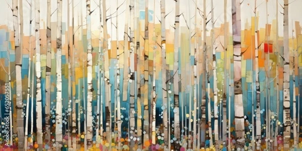 Fototapeta Abstract colorful geometric illustration of birch trees, birch tree forest, horizontal or landscape aspect ratio. Generative AI.
