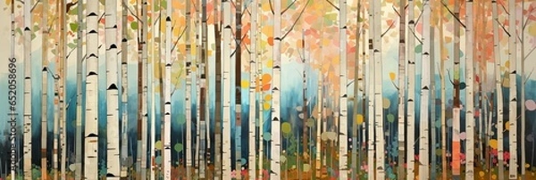 Fototapeta Abstract colorful geometric illustration of birch trees, birch tree forest, panoramic or landscape aspect ratio. Generative AI.
