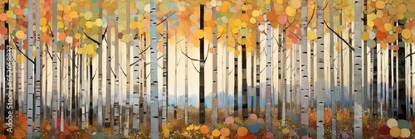 Fototapeta Abstract colorful geometric illustration of birch trees, birch tree forest, panoramic or landscape aspect ratio. Generative AI.
