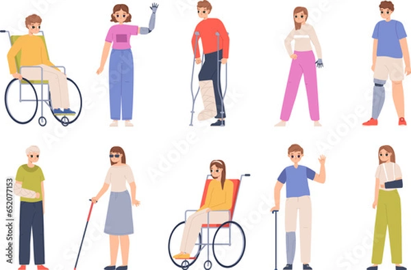 Obraz Disabled people group, young adult with injury. Disability woman and man, disabilities and technologies. Hospital patients snugly vector characters