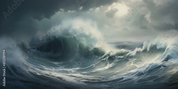 Fototapeta Dramatic breaking crashing wave in the ocean, large with ominous cloudy sky, white crested. Generative AI. 

