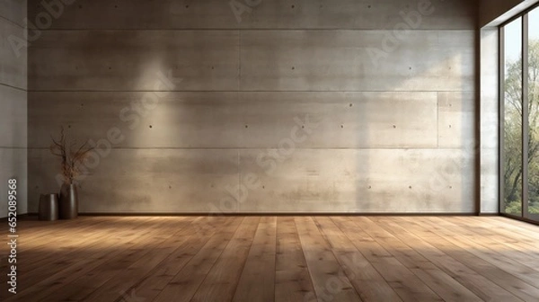 Fototapeta a room with a wooden floor and a large window generated by Ai