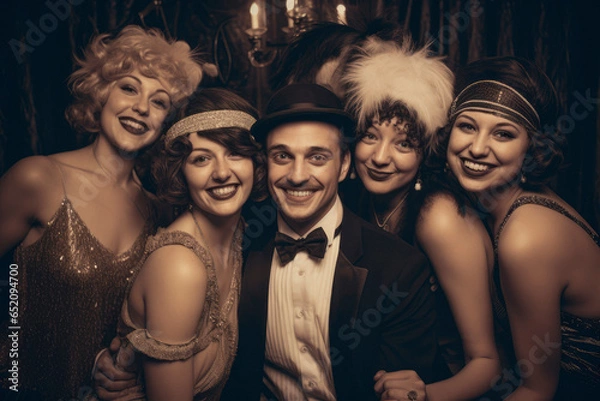 Fototapeta 1920. Happy Group Portret. Radosna grupa klapów i eleganckich dżentelmenów pozujących w epoce jazzu, oszałamiające, emanują beztroskim duchem ryczącym dwudziestce. Kamera vintage, ton sepii.