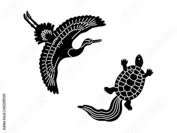 Fototapeta 鶴と亀の和風イラスト（黒）