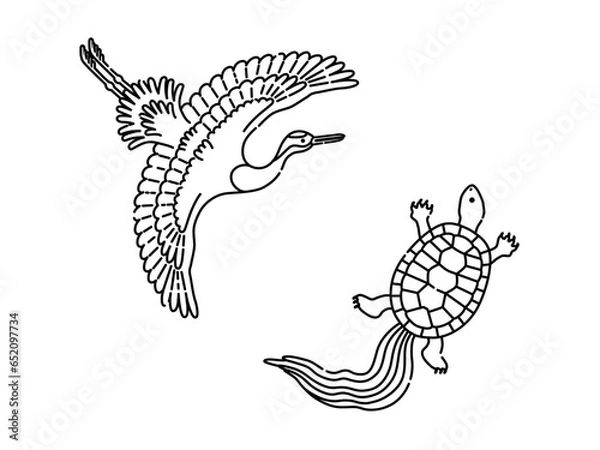 Fototapeta 鶴と亀の和風イラスト（線画）