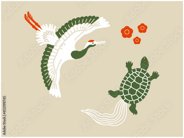 Fototapeta 鶴と亀の和風イラスト（カラー）