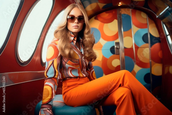Fototapeta Groovy '70s Style. A Woman Model Strikes a Pose in Mod Fashion, Capturing the Colorful and Stylish Essence of the 1970s