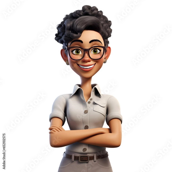 Obraz 3D cartoon character smiling young businesswoman posing standing with arms crossed, isolated on white and transparent background, ai generate