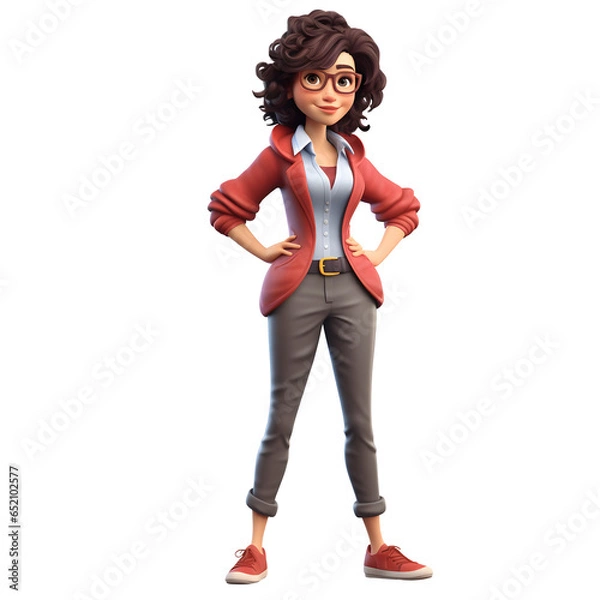 Obraz 3D cartoon character smiling young businesswoman posing standing with arms crossed, full body isolated on white and transparent background, ai generate