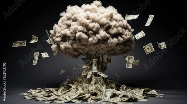 Fototapeta explosion and mushroom cloud made from cash money. Concept to show market crash. generative AI