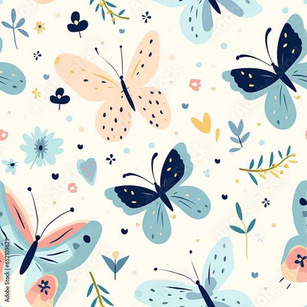 Fototapeta Cute and sweet butterflies Nordic seamless pattern hand painted pastel colors