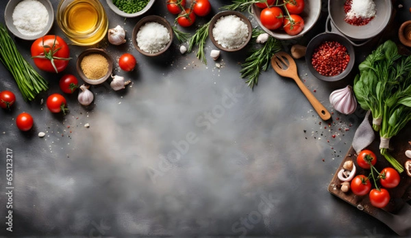 Fototapeta food background and cooking scene on an old wooden background with ample copy space.