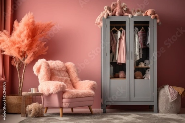 Obraz wardrobe of fur coats and feather jacket, knitted wear. winter clothes
