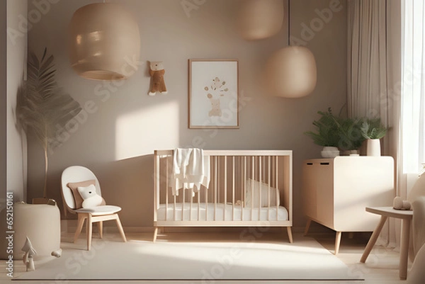 Fototapeta 3d interior of a Japandi style interior baby nursery room a design with simplicity in minimalist neutral colors