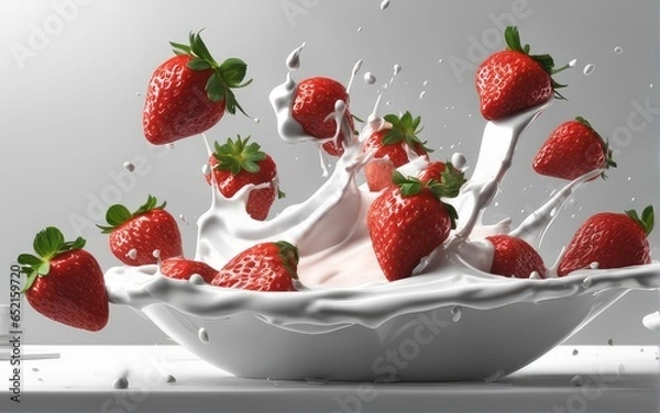 Obraz Strawberries  with a splash of milk flying in the air
