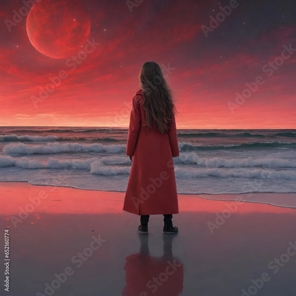 Fototapeta a young girl with long hair wearing a long coat on the beach with a red sky outer space vanishing Generative ai