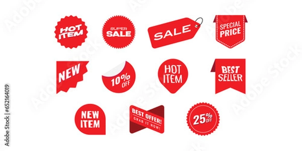 Obraz Set of sale tags. Ribbon sale banners. Red ribbon price and discount labels. Vector illustration