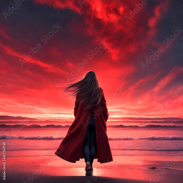 Fototapeta a young girl with long hair wearing a long coat on the beach with a red sky outer space vanishing Generative ai
