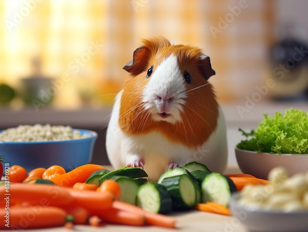 Fototapeta A tricolor guinea pig or Easter bunny on a light background sits with its paws on fresh vegetables, broccoli, carrots, cucumbers, eats them and looks at the camera.