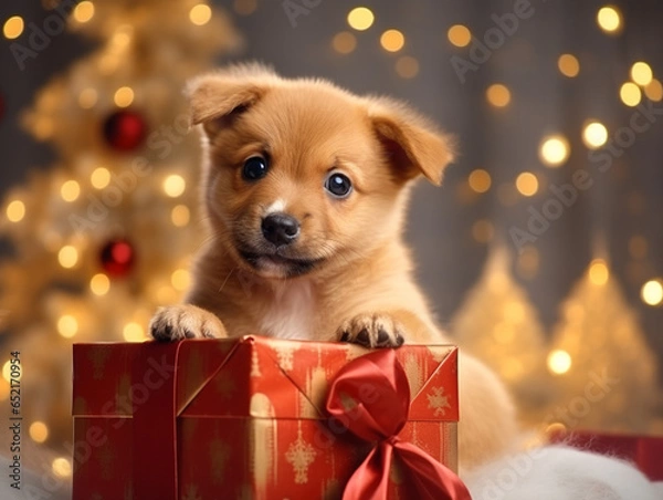 Fototapeta A small fluffy puppy peeks out of a New Year's gift box and looks at the camera against the backdrop of a Christmas tree and garland lights. We gave a dog for New Year or Christmas.