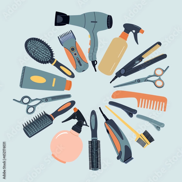 Obraz Set of haircut tools and accessories. Hair dryer, hairbrush, razor, scissors and different professional tools for barbershop. Hand drawn vector illustration isolated on grey background, flat style.