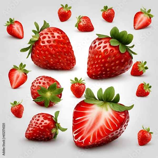 Fototapeta Falling strawberry fruits whole and cut isolated on white or transparent background Generative ai