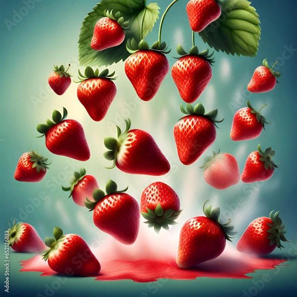 Fototapeta Falling strawberry fruits whole and transparent background Generative ai