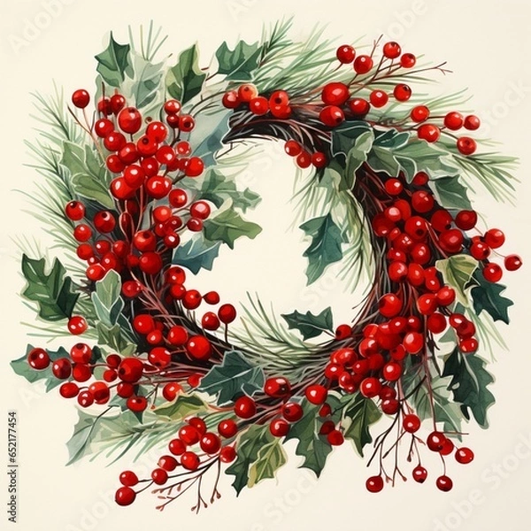 Obraz Merry Christmas wreath with quote, white background. Green pine twigs and red berries. Nature design greeting card template. Winter holidays. 