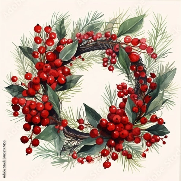Obraz Merry Christmas wreath with quote, white background. Green pine twigs and red berries. Nature design greeting card template. Winter holidays. 