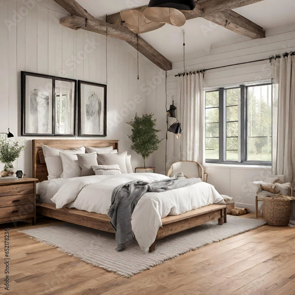 Fototapeta Farmhouse interior design of modern bedroom with hardwood floor Generative ai