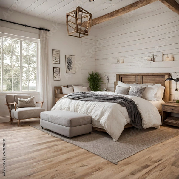 Fototapeta Farmhouse interior design of modern bedroom with hardwood floor Generative ai