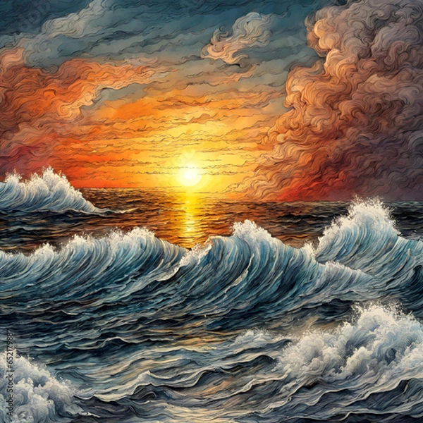 Fototapeta sunset on stormy sea ultra hd realistic vivid colors highly detailed uhd drawing pen and ink Generative ai