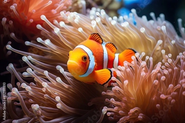 Fototapeta clown fish swims in the sea on the background of coral reefs