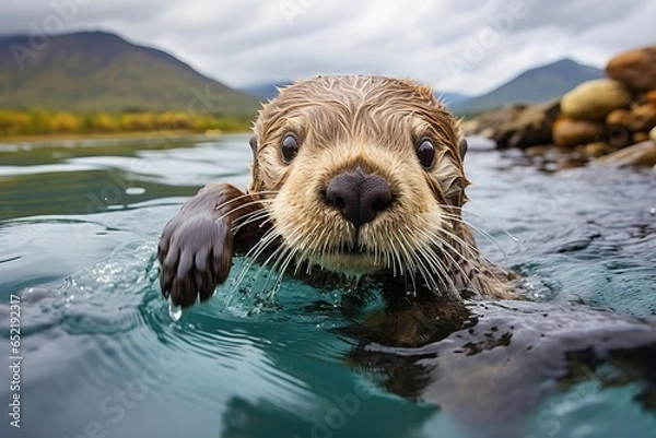 Fototapeta close-up of a river otter in the water