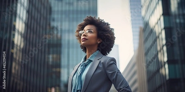 Obraz Close-up portrait of a middle aged African American businesswoman in eyeglasses in a formal suit against the backdrop of skyscrapers in the business district of the city. Success and prosperity.