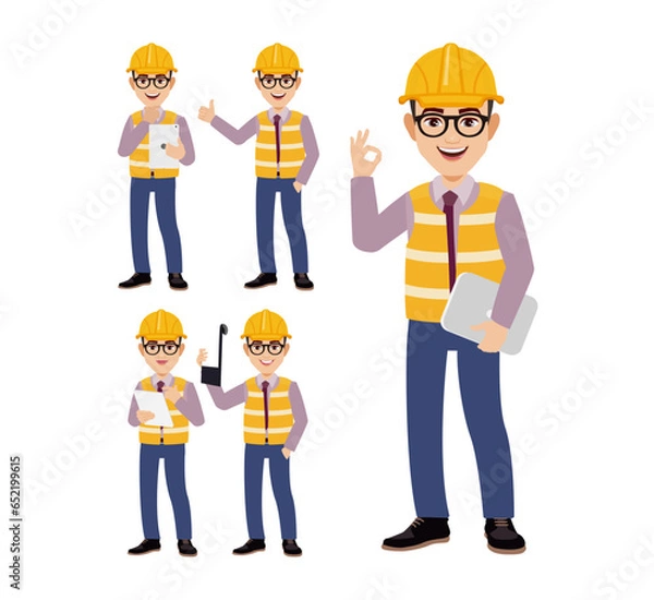 Fototapeta Set of engineer with different poses